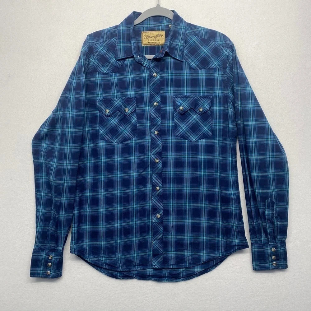 Wrangler Retro Plaid‎ Pearl Snap Shirt M Blue Cowgirl Western